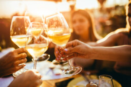 a group if adults cheering summer drinks together